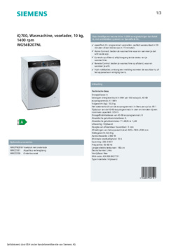 Product informatie SIEMENS wasmachine WG54B207NL