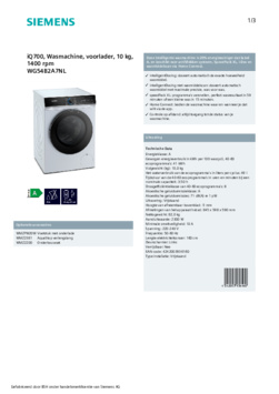 Product informatie SIEMENS wasmachine WG54B2A7NL