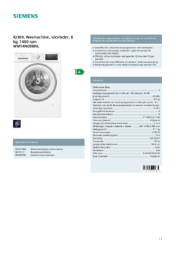 Product informatie SIEMENS wasmachine WM14N098NL