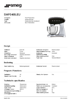 Product informatie SMEG keukenmachine SMF04BLEU