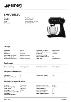 Product informatie SMEG keukenmachine SMF05BLEU