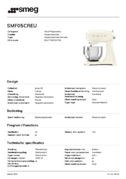Product informatie SMEG keukenmachine SMF05CREU