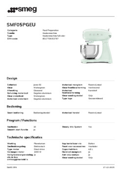 Product informatie SMEG keukenmachine SMF05PGEU