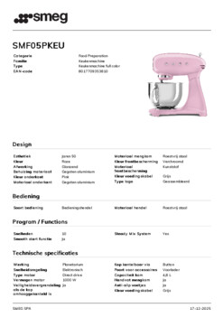 Product informatie SMEG keukenmachine SMF05PKEU