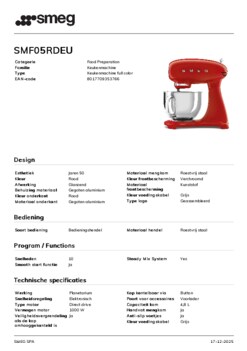 Product informatie SMEG keukenmachine SMF05RDEU