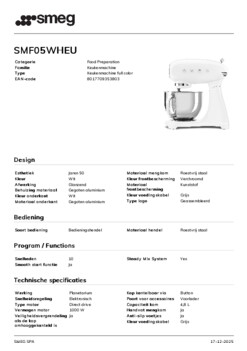 Product informatie SMEG keukenmachine SMF05WHEU