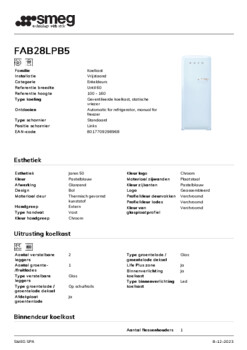 Product informatie SMEG koelkast pastelblauw FAB28LPB5