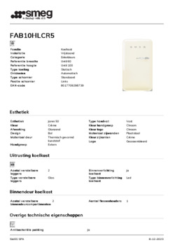 Product informatie SMEG koelkast tafelmodel crème FAB10HLCR5