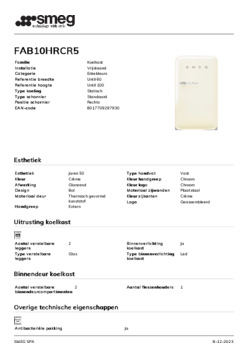 Product informatie SMEG koelkast tafelmodel crème FAB10HRCR5