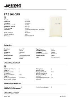 Product informatie SMEG koelkast tafelmodel crème FAB10LCR5