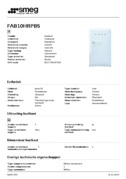 Product informatie SMEG koelkast tafelmodel pastelblauw FAB10HRPB5