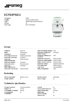 Product informatie SMEG koffiemachine ECF03PGEU