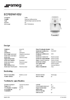 Product informatie SMEG koffiemachine ECF03WHEU