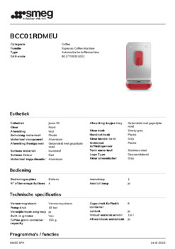 Product informatie SMEG koffiemachine mat rood BCC01RDMEU