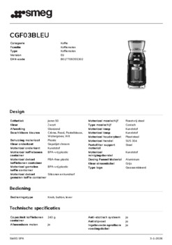 Product informatie SMEG koffiemolen CGF03BLEU