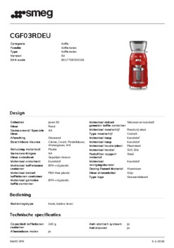 Product informatie SMEG koffiemolen CGF03RDEU