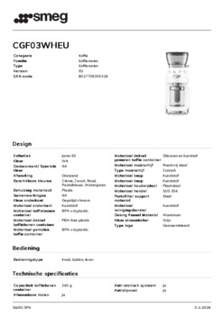 Product informatie SMEG koffiemolen CGF03WHEU