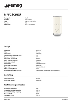Product informatie SMEG melkopschuimer MFF02CREU
