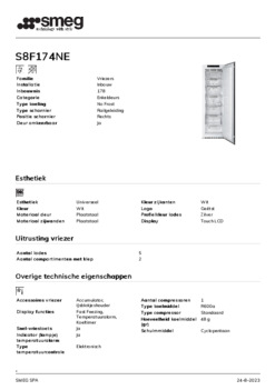 Product informatie SMEG vrieskast inbouw S8F174NE