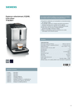 Product informatie Siemens koffiemachine TF303E01