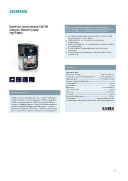Product informatie Siemens koffiemachine TQ713R03