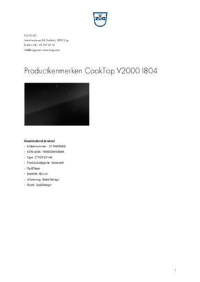 Product informatie V ZUG kookplaat inbouw inductie CookTop V2000 I804