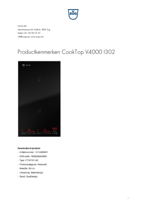Product informatie V ZUG kookplaat inductie inbouw COOKTOP V4000 I302