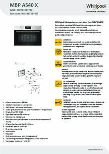 Product informatie WHIRLPOOL combi magnetron inbouw MBP A540 X