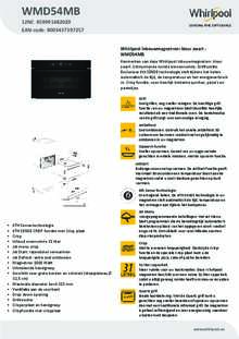 Product informatie WHIRLPOOL combi magnetron inbouw WMD54MB