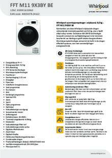 Product informatie WHIRLPOOL droger warmtepomp FFT M11 9X3BY BE
