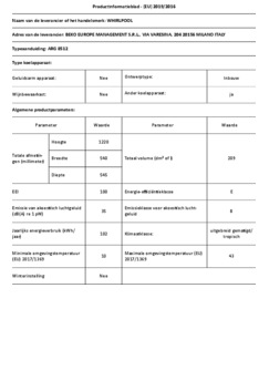 Product informatie WHIRLPOOL koelkast inbouw ARG 8512