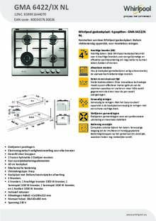 Product informatie WHIRLPOOL kookplaat inbouw GMA6422 IXNL