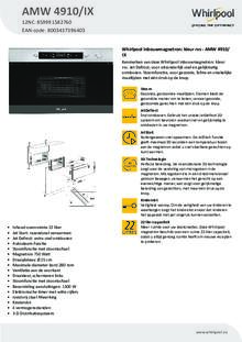Product informatie WHIRLPOOL magnetron inbouw AMW4910 IX