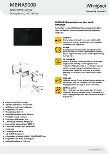 Product informatie WHIRLPOOL magnetron inbouw MBNA900B