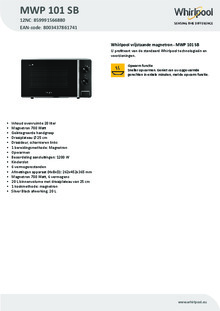 Product informatie WHIRLPOOL magnetron inbouw MWP 101 SB