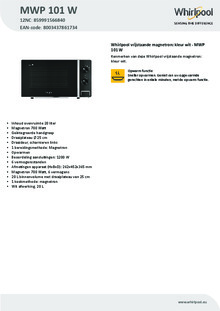 Product informatie WHIRLPOOL magnetron inbouw MWP 101 W