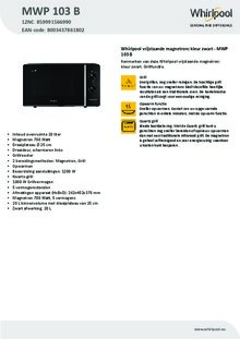 Product informatie WHIRLPOOL magnetron inbouw MWP 103 B