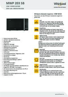 Product informatie WHIRLPOOL magnetron inbouw MWP 203 SB