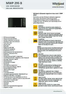 Product informatie WHIRLPOOL magnetron inbouw MWP 295 B