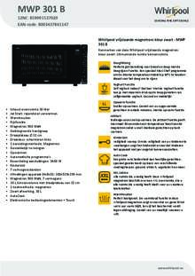 Product informatie WHIRLPOOL magnetron inbouw MWP 301 B
