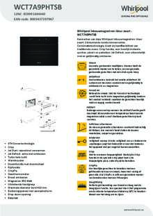 Product informatie WHIRLPOOL magnetron inbouw WCT7A9PHTSB
