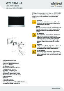 Product informatie WHIRLPOOL magnetron inbouw WMN461BX