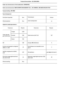 Product informatie WHIRLPOOL vrieskast AFB 9002