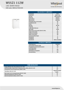 Product informatie WHIRLPOOL vrieskast tafelmodel W55Z1 112W