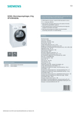 Product informatie SIEMENS droger warmtepomp WT45W400NL