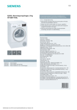 Product informatie SIEMENS droger warmtepomp WT48RT70NL