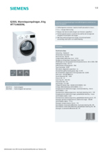 Product informatie SIEMENS droger warmtepomp WT7U4600NL