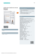 Product informatie SIEMENS koelkast inbouw KI18LNFF0