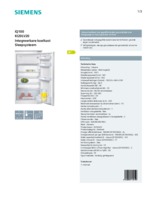 Product informatie SIEMENS koelkast inbouw KI20LV20