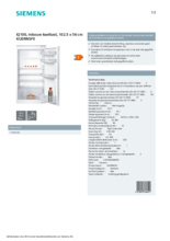 Product informatie SIEMENS koelkast inbouw KI20RNSF0